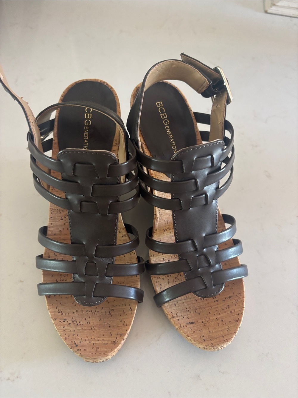 BCBGeneration Black Multi-Strap Cork Wedge Sandals